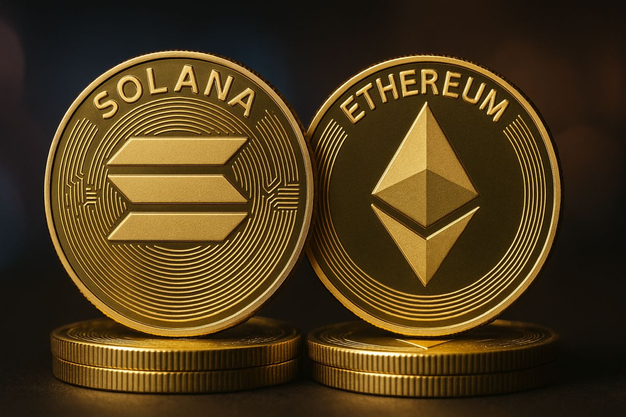 Una moneta con il simbolo di Solana accanto a una con il simbolo di Ethereum