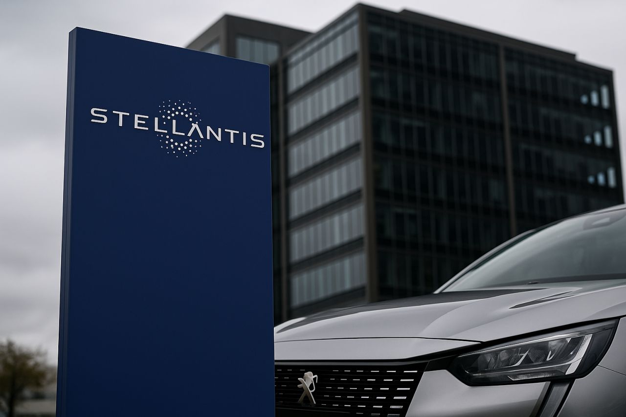 Un'auto parcheggiata davanti a un'insegna con scritta Stellantis
