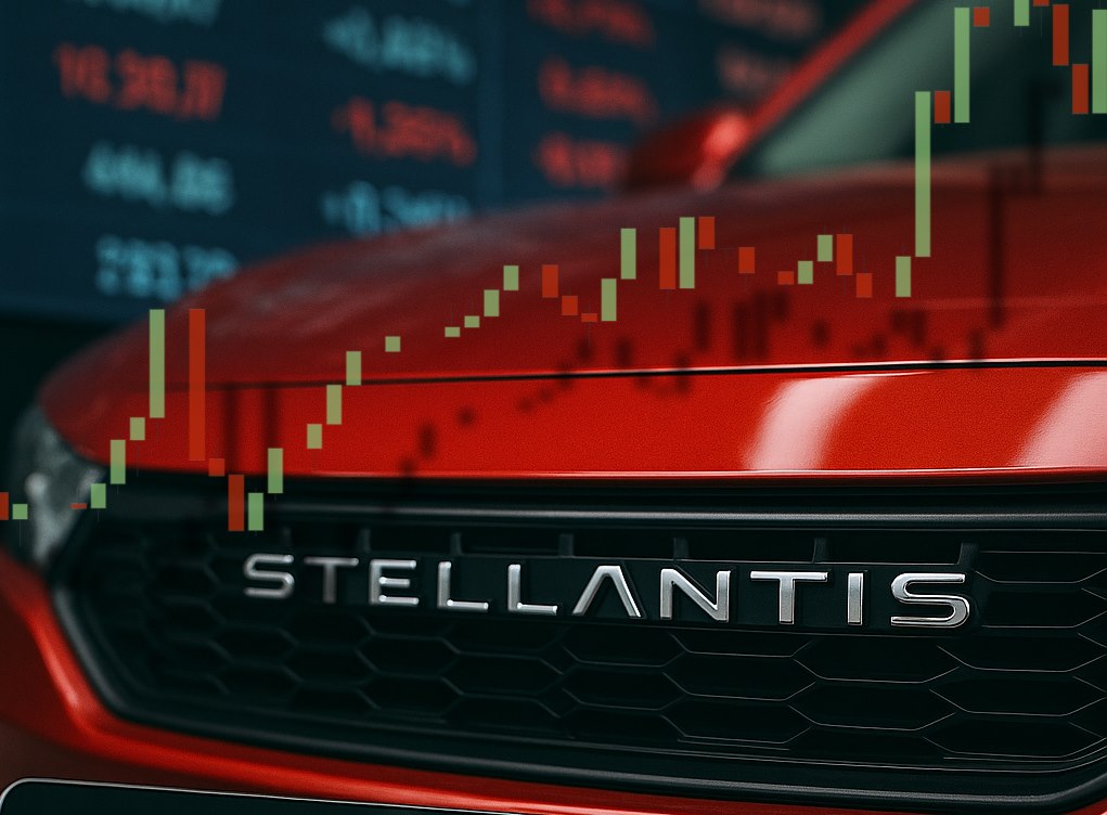Un'auto con scritta Stellantis sulla griglia del radiatore. Grafici finanziari sullo sfondo e un grafico a candele in sovrimpressione