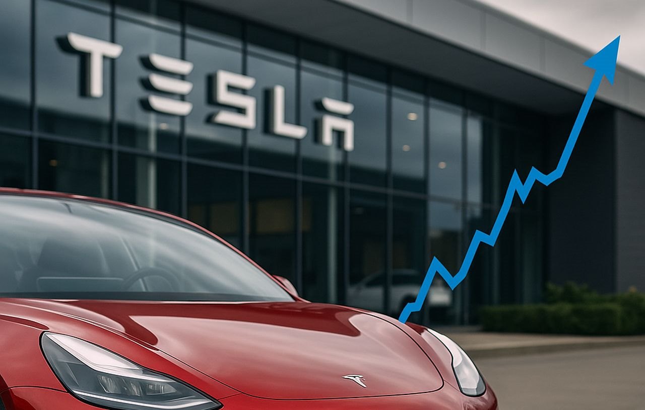 Un'auto parcheggiata davanti a un edificio con la scritta Tesla. In sovrimpressione una linea blu che termina con una freccia verso l'alto