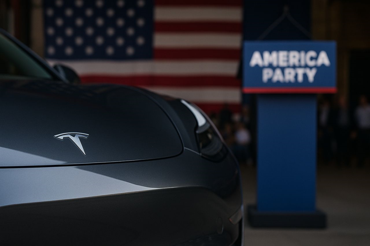 Parte del cofano di una Tesla con relativo simbolo della casa automobilistica. Sullo sfondo la bandiera degli USA e un pulpito con la scritta "America Party"