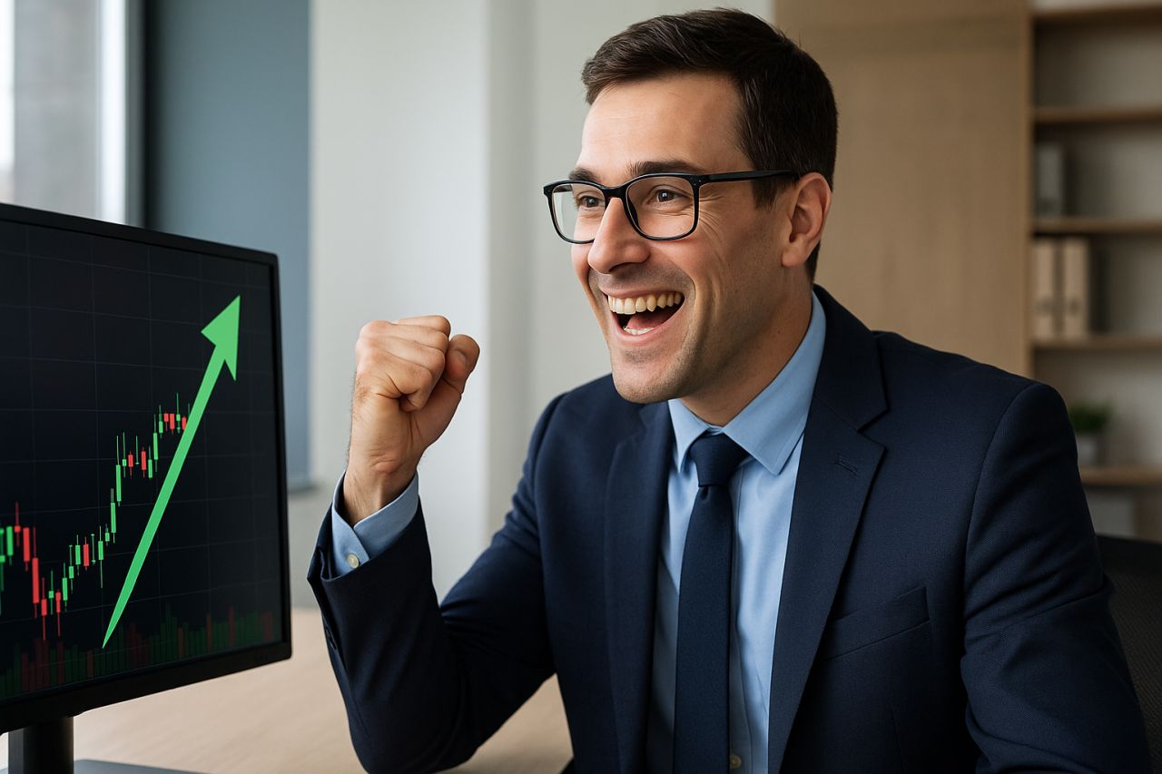 Primo piano di un investitore che esulta davanti a dei grafici su uno schermo