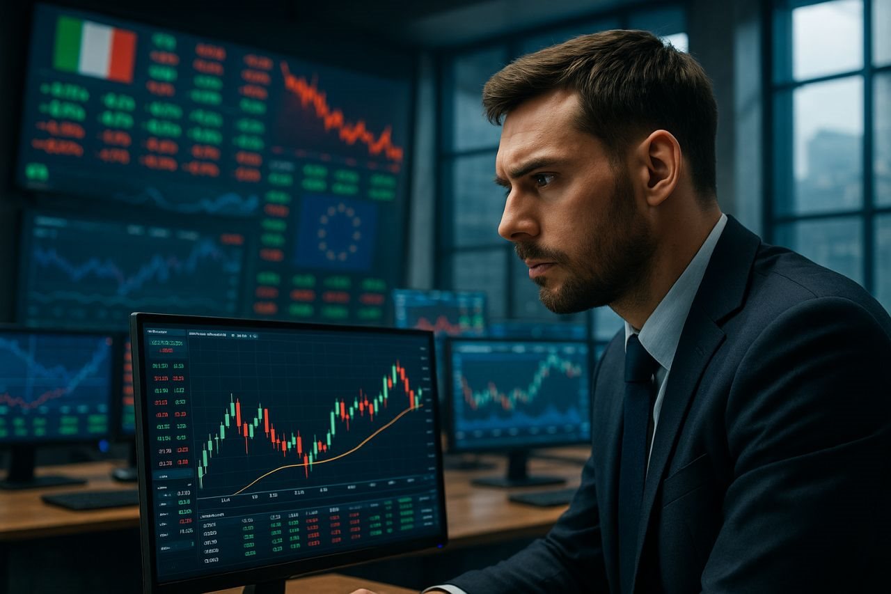 Un trader seduto a una scrivania mentre osserva alcuni grafici su degli schermi