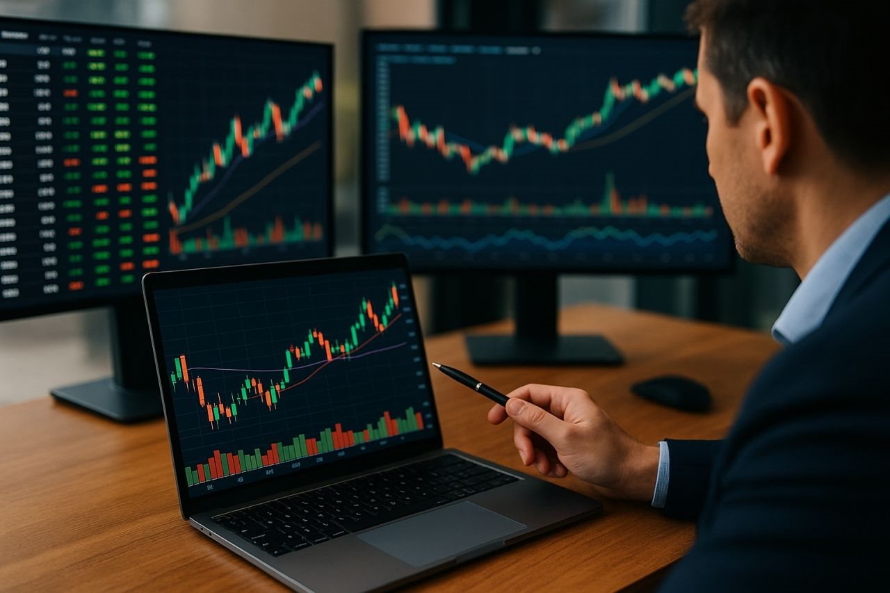 Un trader seduto a una scrivania mentre osserva grafici finanziari sul suolaptop e su altri schermi