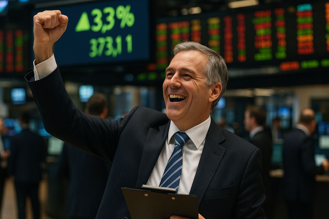 Primo piano di un investitore che esulta nei locali della Borsa