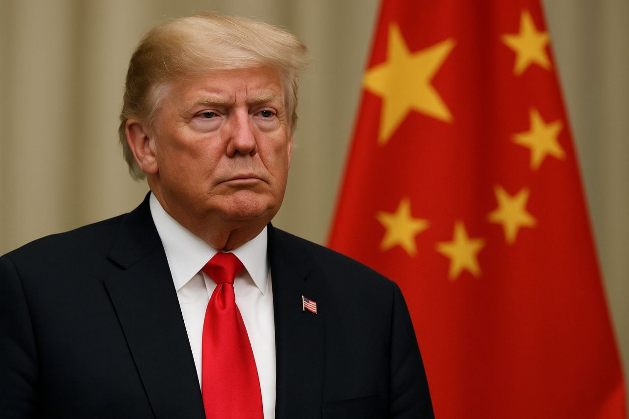 Primo piano del presidente Trump con la bandiera della Cina alle spalle