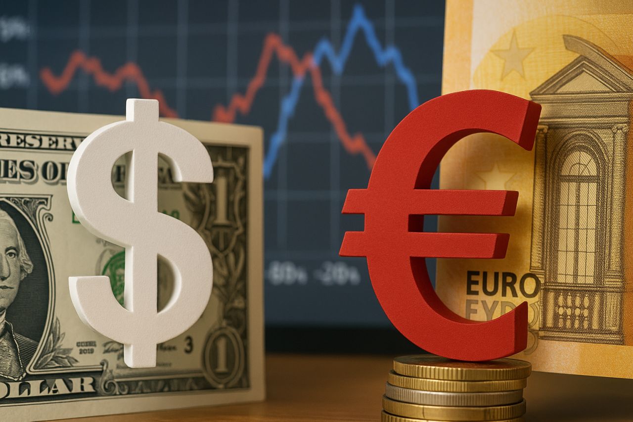 simbolo del dollaro a sinistra e simbolo dell'euro a destra con banconote e grafici finanziari alle spalle