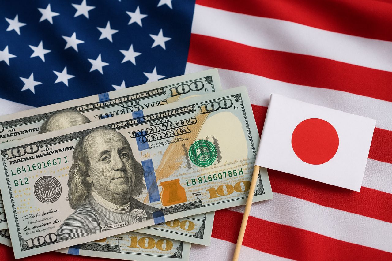 banconote da 1 dollaro con la bandiera degli USA sullo sfondo