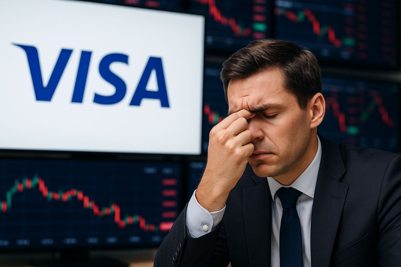 Primo piano di un investitore preoccupato con dei grafici finanziari sullo sfondo e la scritta Visa in alto a sinistra