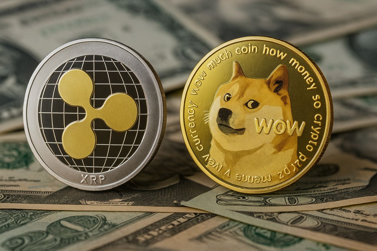 una moneta con il simbolo di XRP a sinistra e una col simbolo di Doge a destra