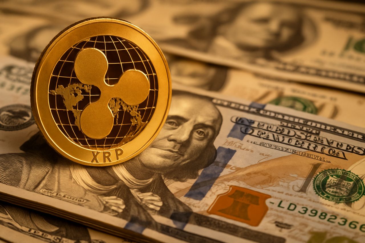 Una moneta con il simbolo di XRP e delle banconote dietro