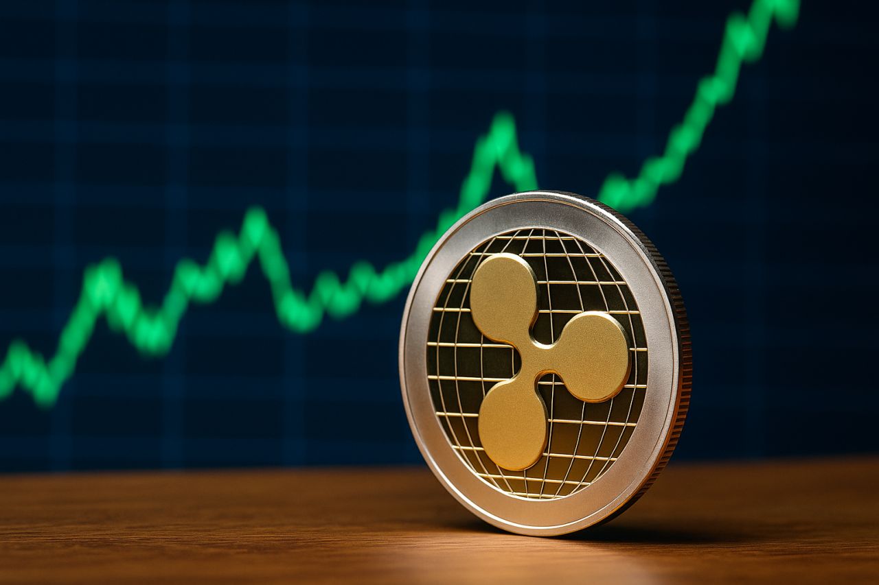 una moneta con il simbolo di XRP e un grafico sullo sfondo