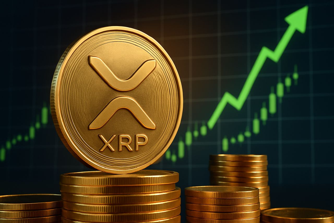 Una moneta con il simbolo di XRP e un grafico sullo sfondo