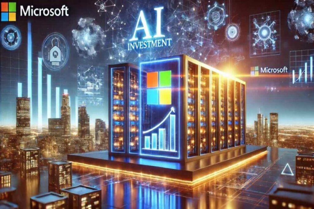 palazzo con logo di Microsoft e grafico al rialzo