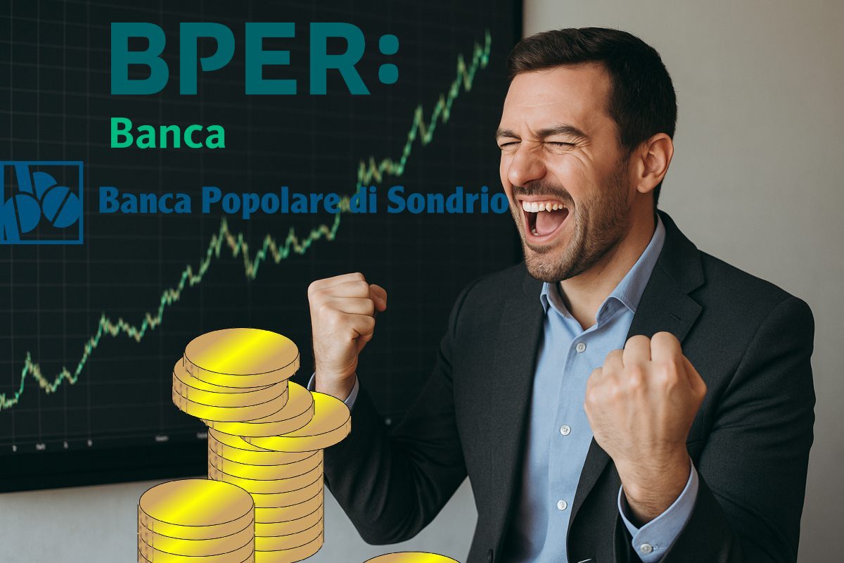 loghi di BPER e BPSO e trader che esulta