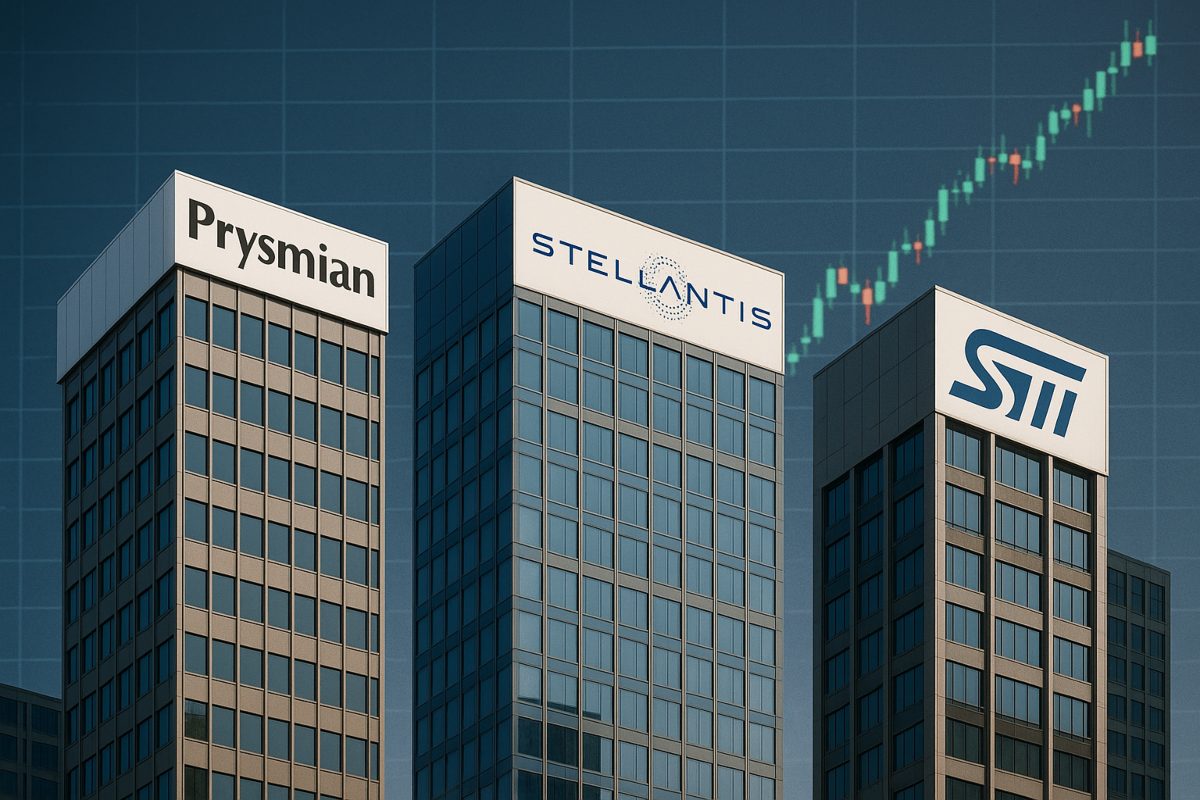 palazzi con insegne di STM, Prysmian e Stellantis