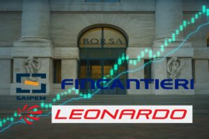 loghi di Leonardo, Fincantieri e Saipem su sfondo con ingresso Piazza Affari