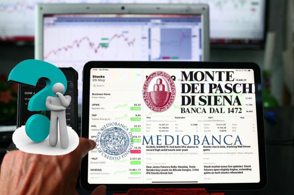 loghi di MPS e Mediobanca su laptop