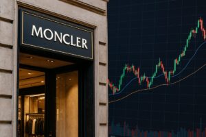 insegna Moncler e grafico di borsa