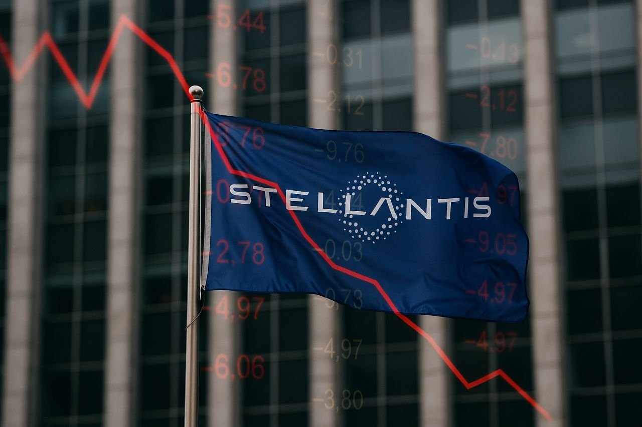 bandiera di Stellantis e grafico al ribasso