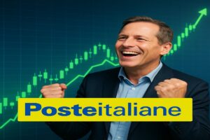 trader che esulta e logo di Poste Italiane