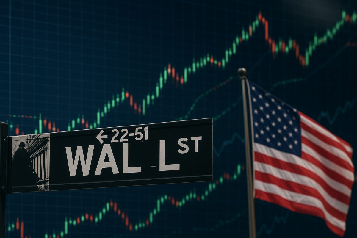 bandiera Usa e insegna di Wall Street