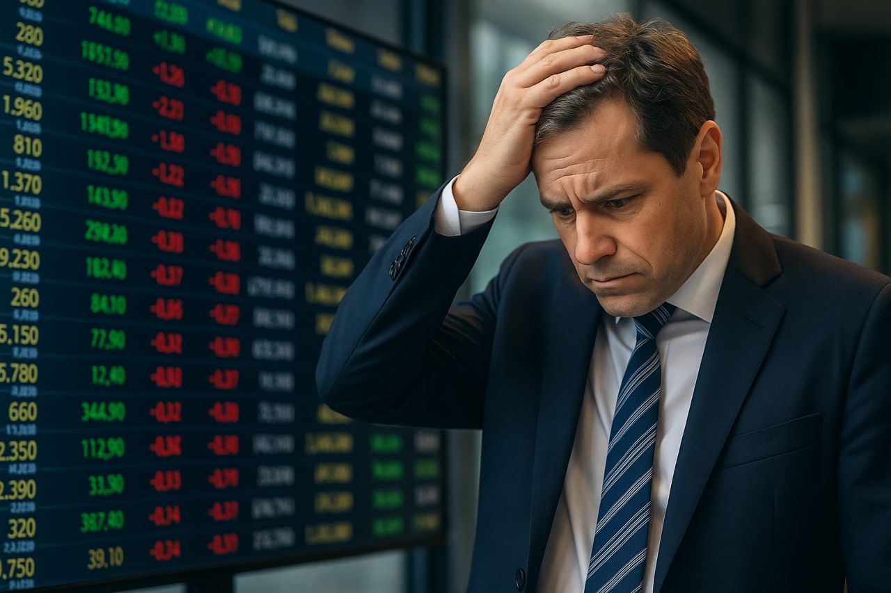 Un investitore con uno schermo pieno di cifre sull'andamento dei titoli