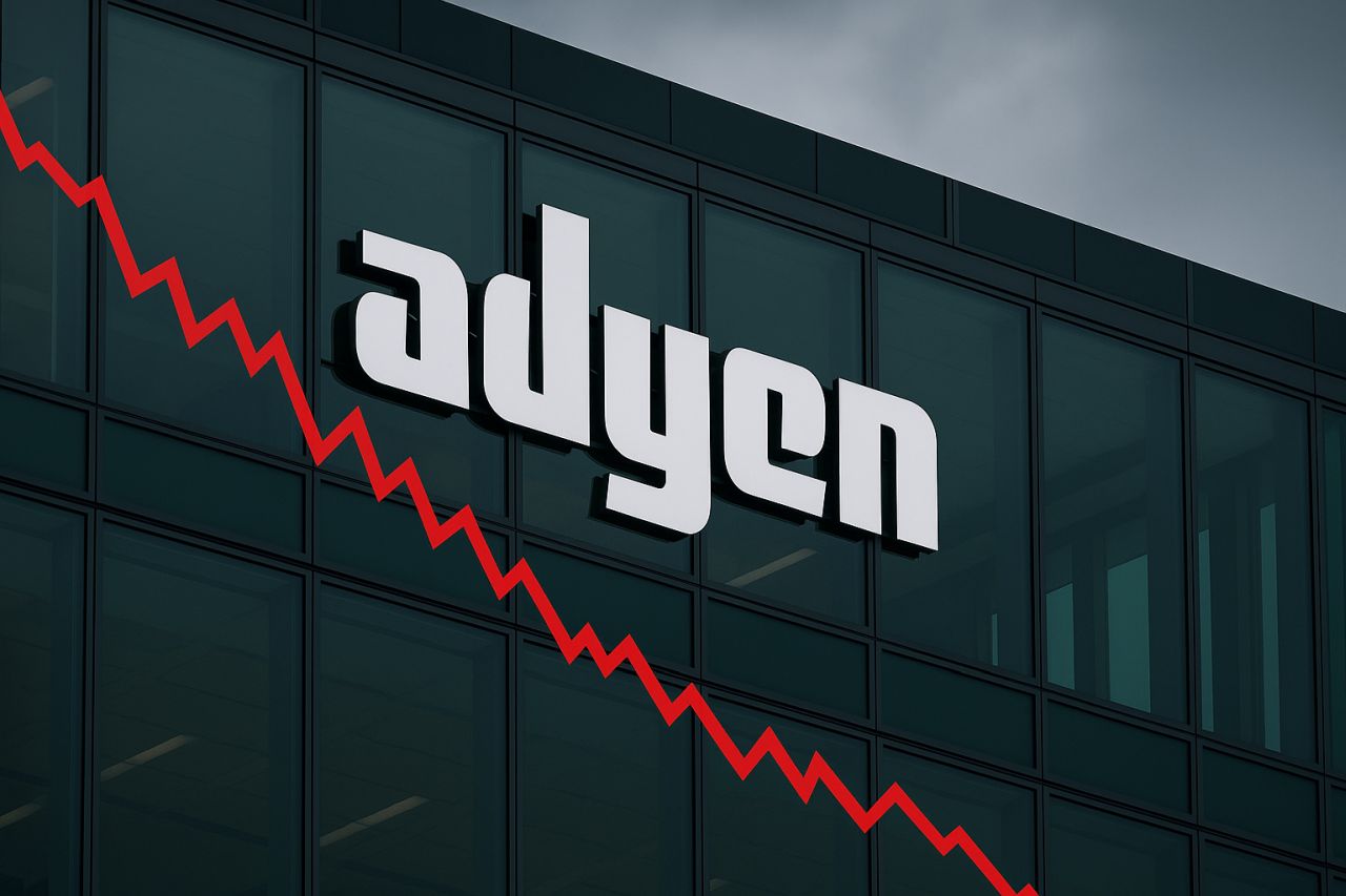 una vetrata con la scritta Adyen e un grafico in discesa in sovrimpressione