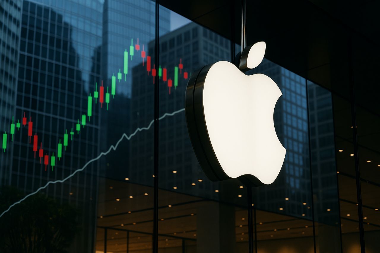 logo Apple e un grafico a candele sullo sfondo
