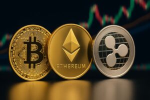 monete con i simboli di Bitcoin, Ethereum e XRP con un grafico a candele sullo sfondo