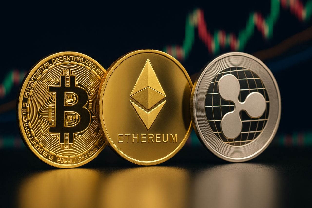 monete con i simboli di Bitcoin, Ethereum e XRP con un grafico a candele sullo sfondo
