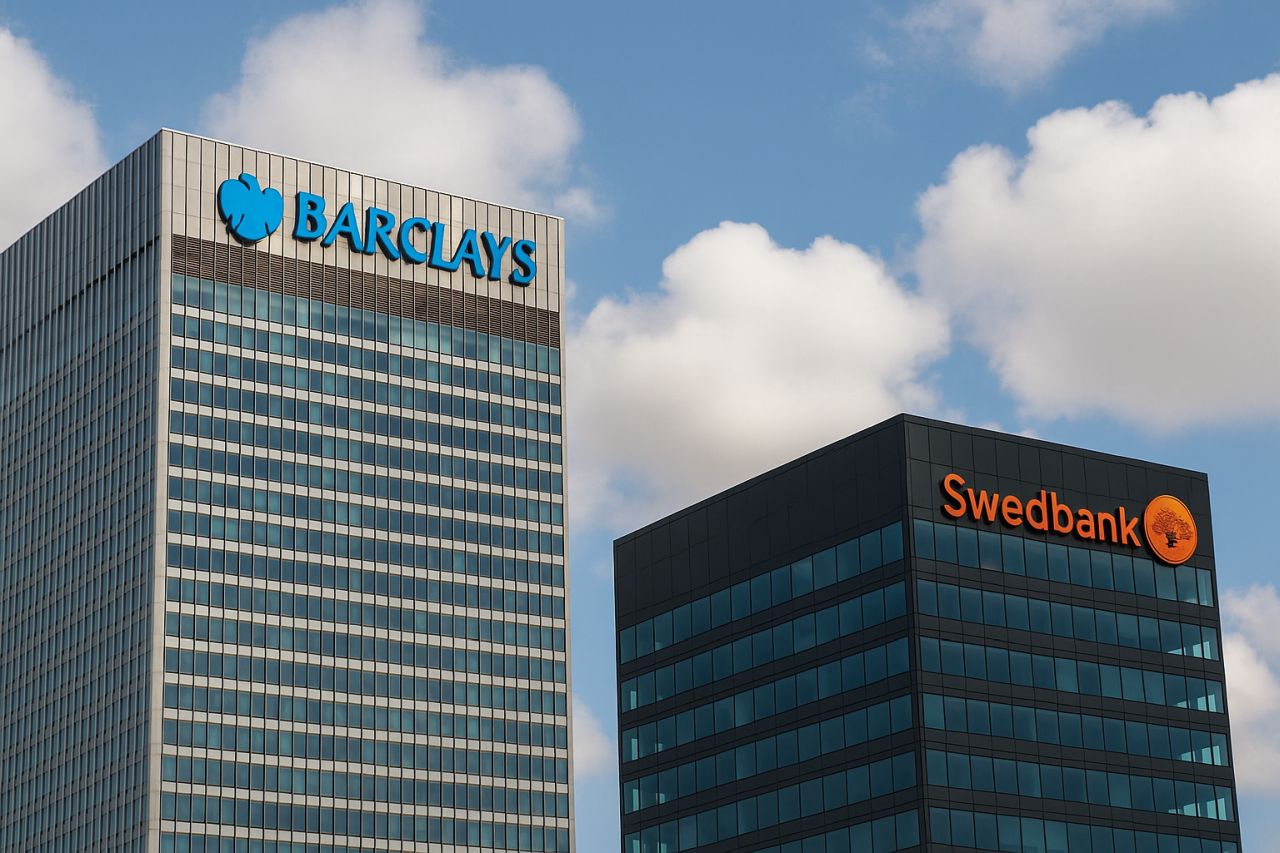 Un palazzo con la scritta Barlcays accanto a uno con la scritta Swedbank