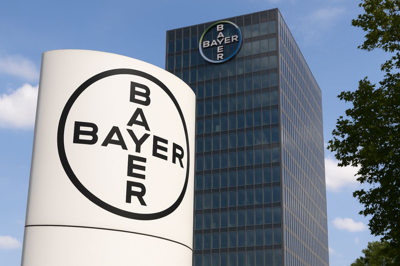 Logo Bayer in primo piano e in cima a un palazzo che si trova alle sue spalle