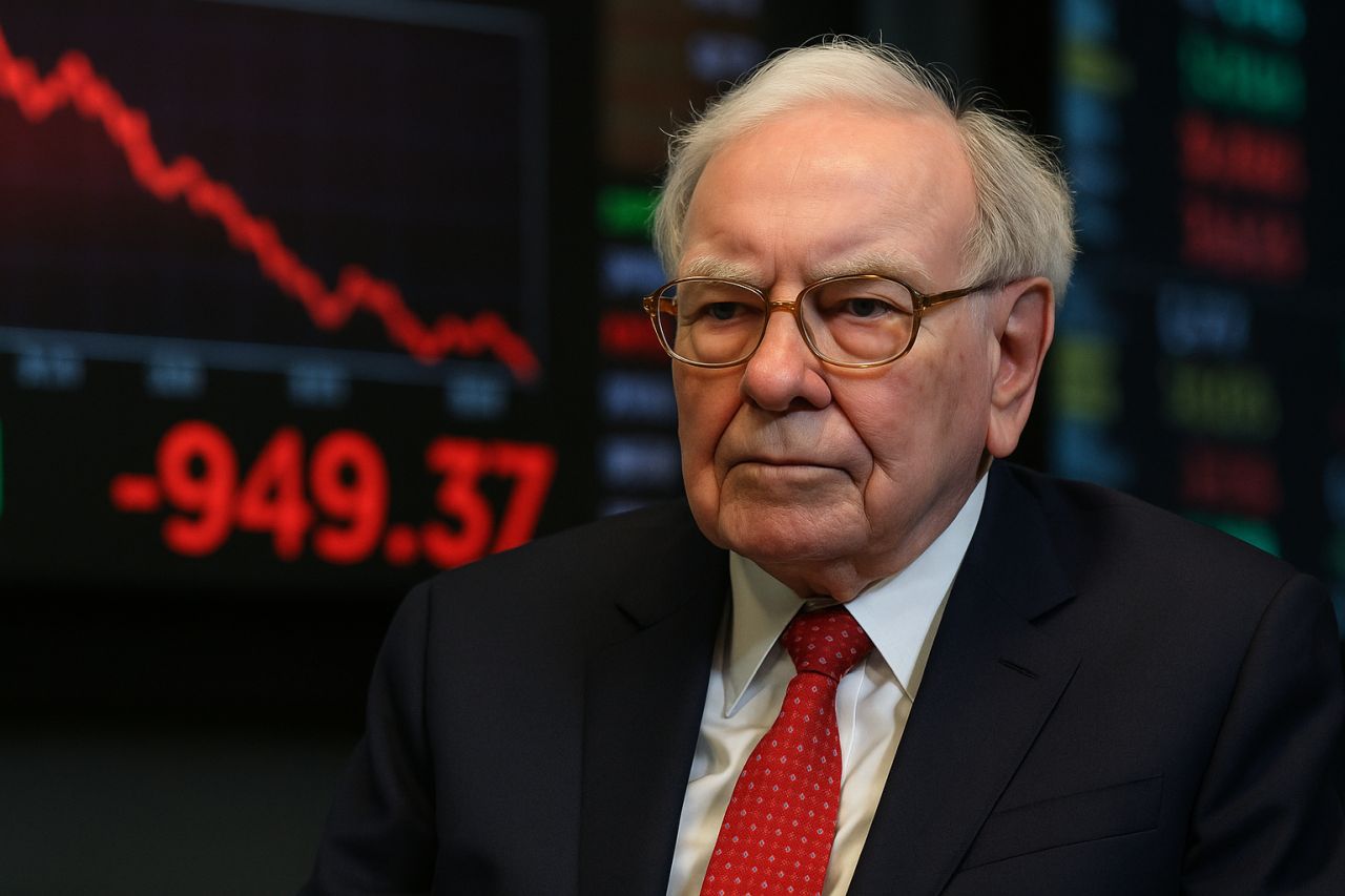 Primo piano di Warren Buffet con dei grafici finanziari sullo sfondo