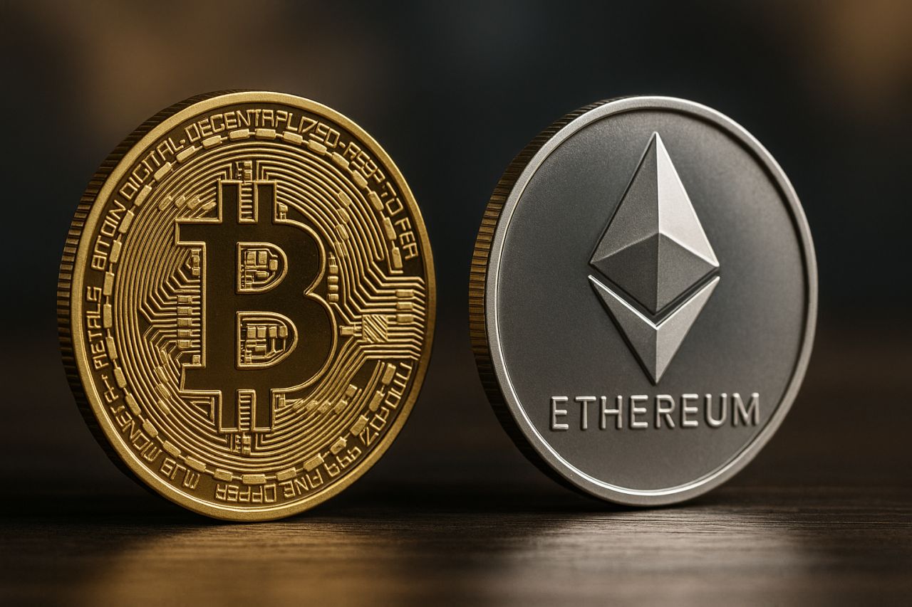 Una moneta di Bitcoin accanto a una moneta di Ethereum
