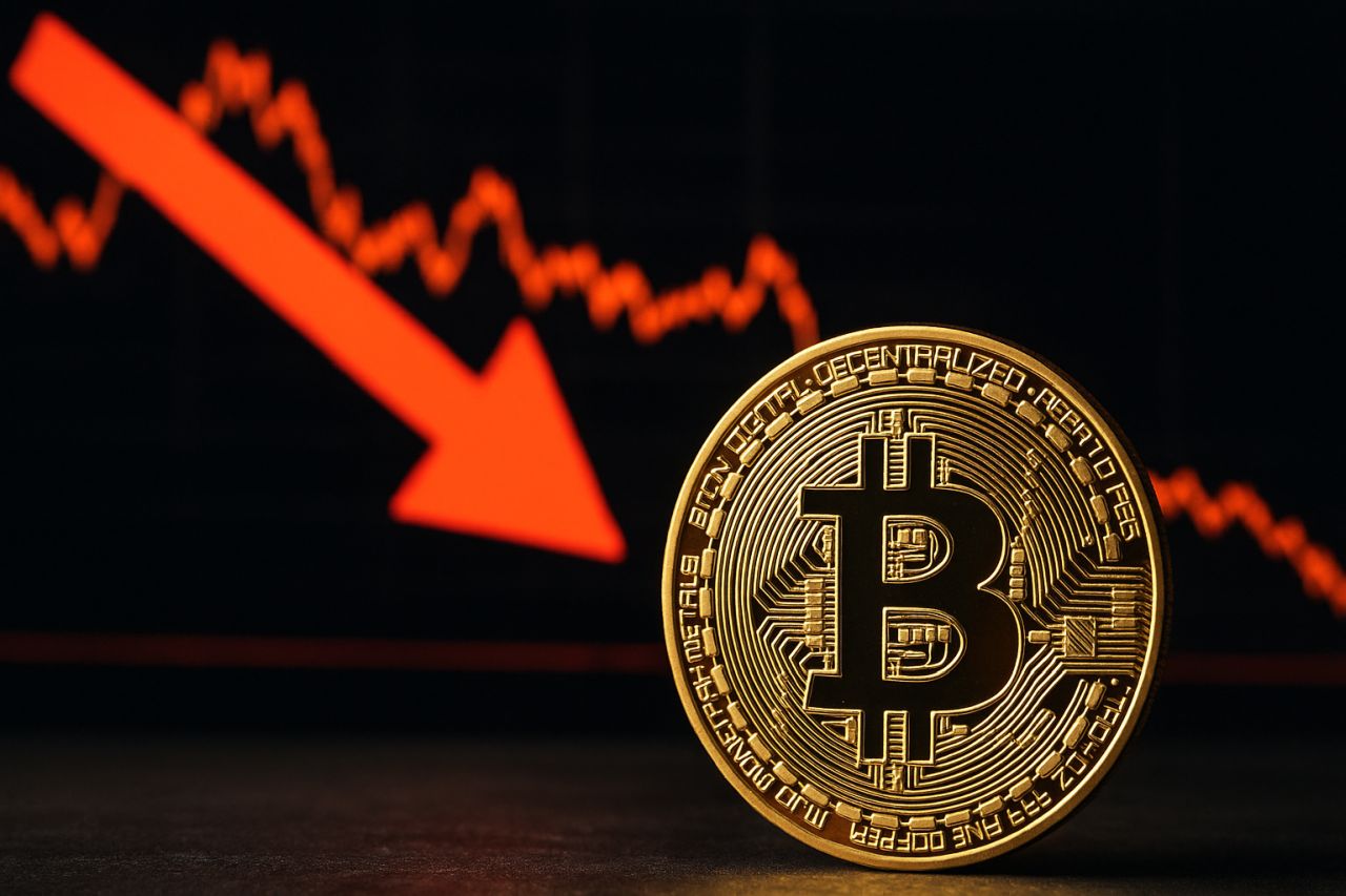 Una moneta di Bitcoin con un grafico in rosso sullo sfondo accompagnato da una freccia rossa verso il basso