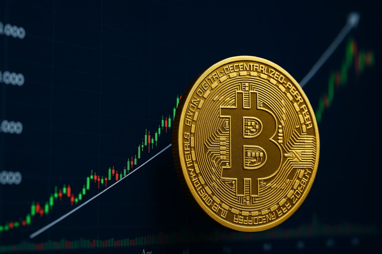 Una moneta con il simbolo di Bitcoin e un grafico a candele sullo sfondo