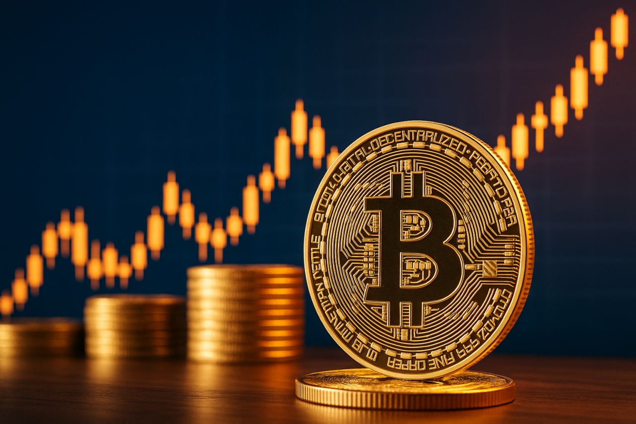 Una moneta con il simbolo di Bitcoin e altre monete simili accanto. Sullo sfondo un grafico a candele