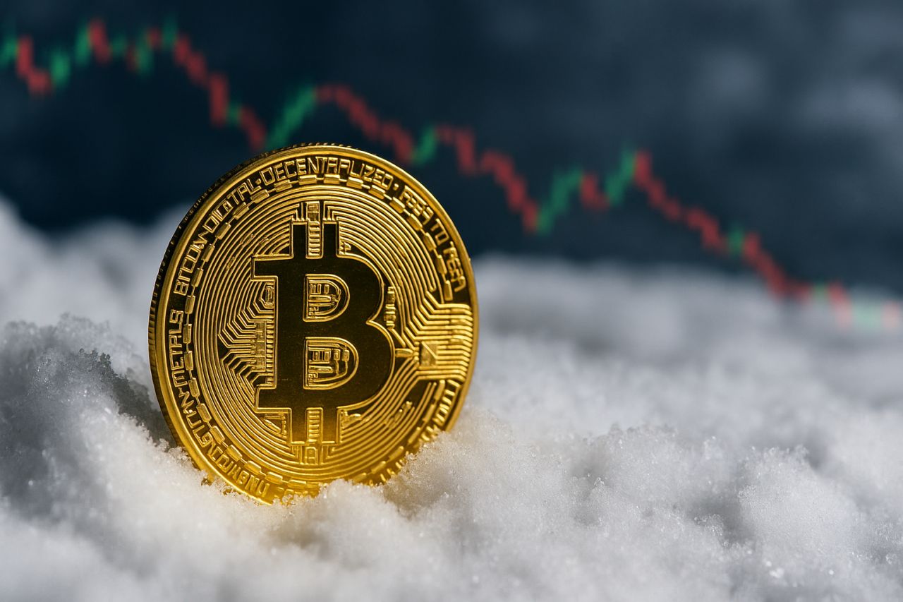 Una moneta con il simbolo di Bitcoin poggiata sulla neve, con un grafico a candele sullo sfondo