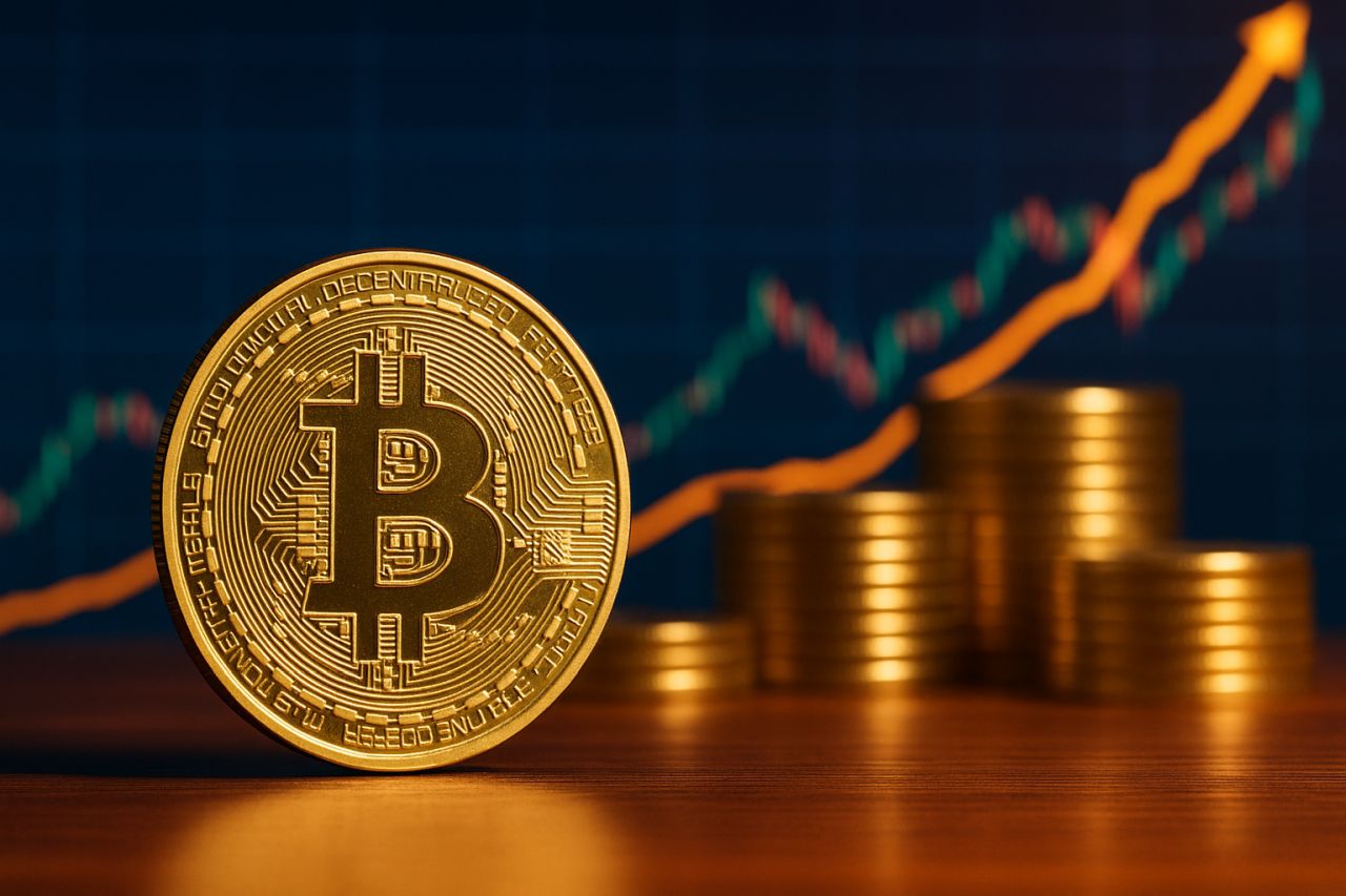 una moneta con il simbolo di Bitcoin e altre monete impilate dietro. Sullo sfondo un grafico a candele