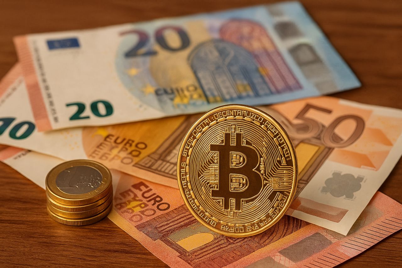 alcune banconote di euro con una moneta col simbolo di Bitcoin davanti
