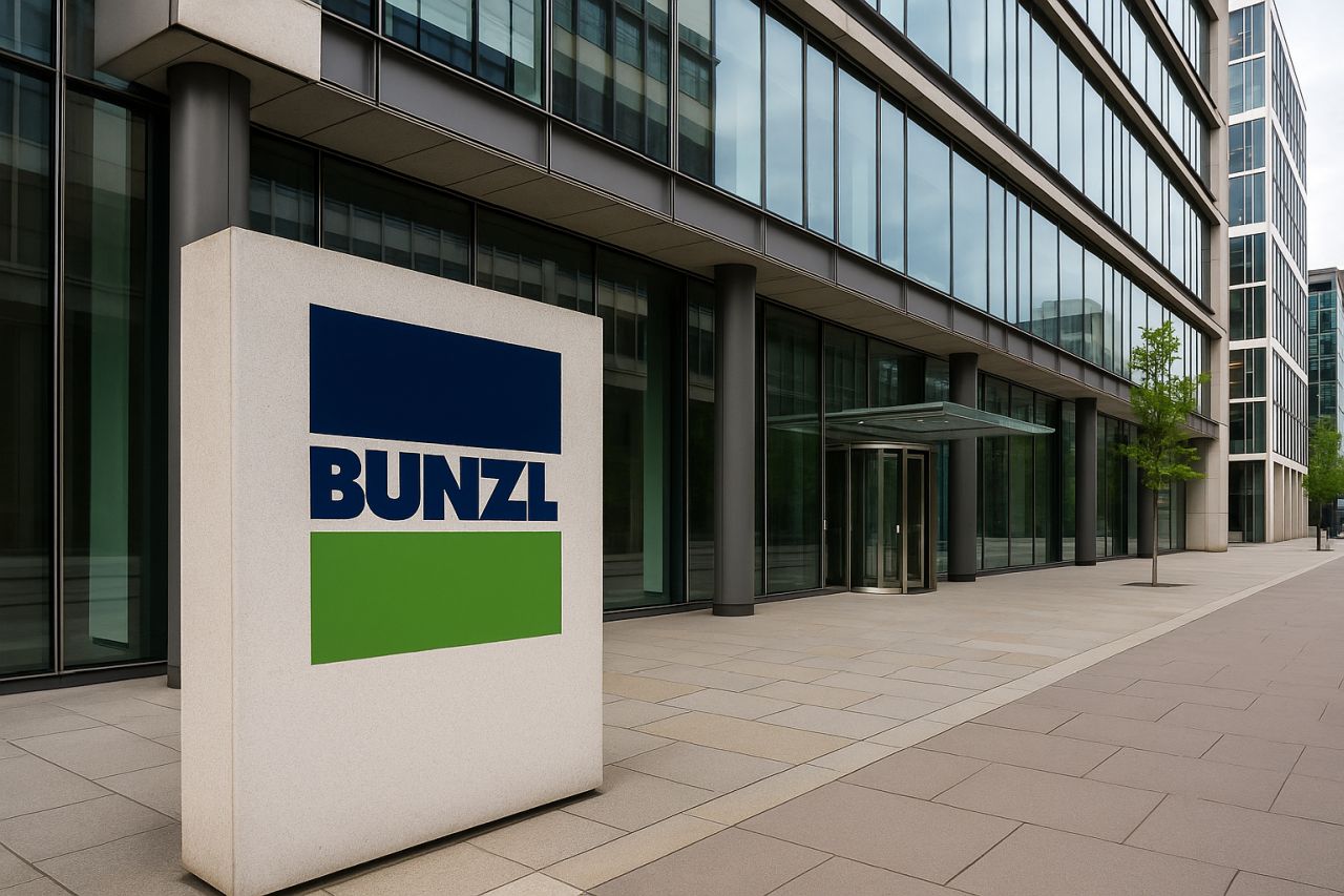Scritta e logo Bunzl davanti all'ingresso di un edificio