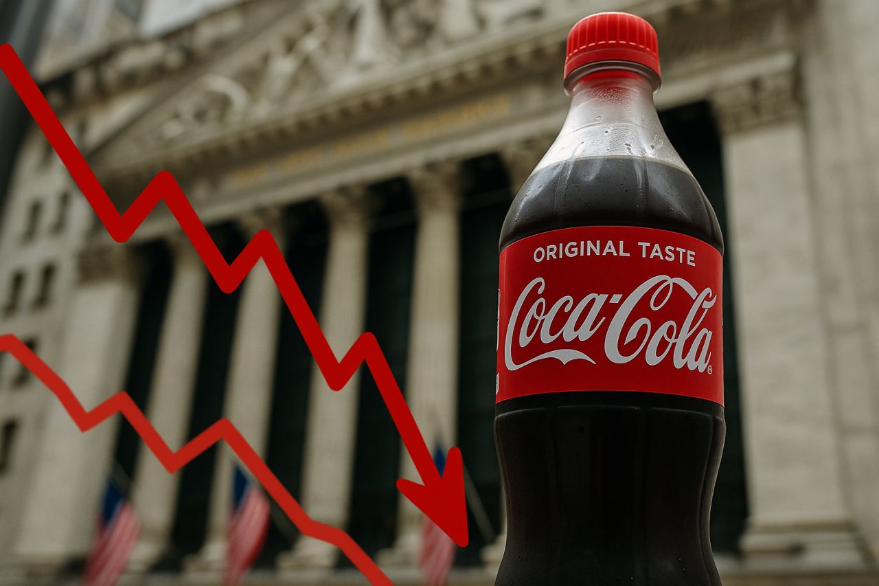 una bottiglia di Coca Cola con un edificio storico alle spalle e un grafico in rosso in sovrimpressione