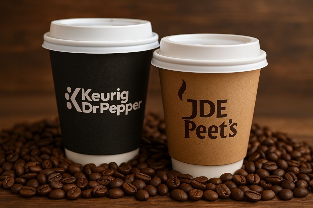Un bicchiere da caffé con scritta JDE Peet’s e uno con scritta Keurig Dr Pepper