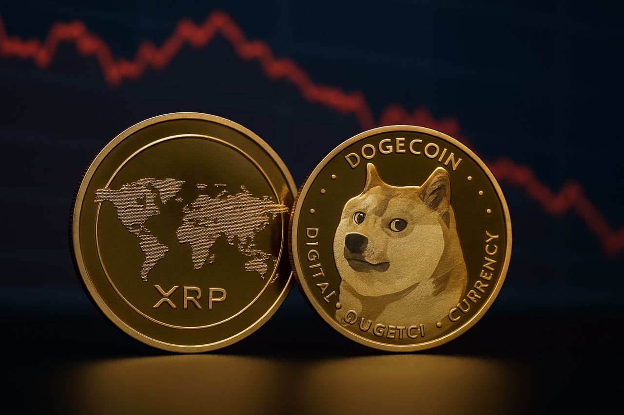 Una moneta con il simbolo di Dogecoin a sinistra e una con la scritta XRP accanto a destra. Sullo sfondo un grafico a candele