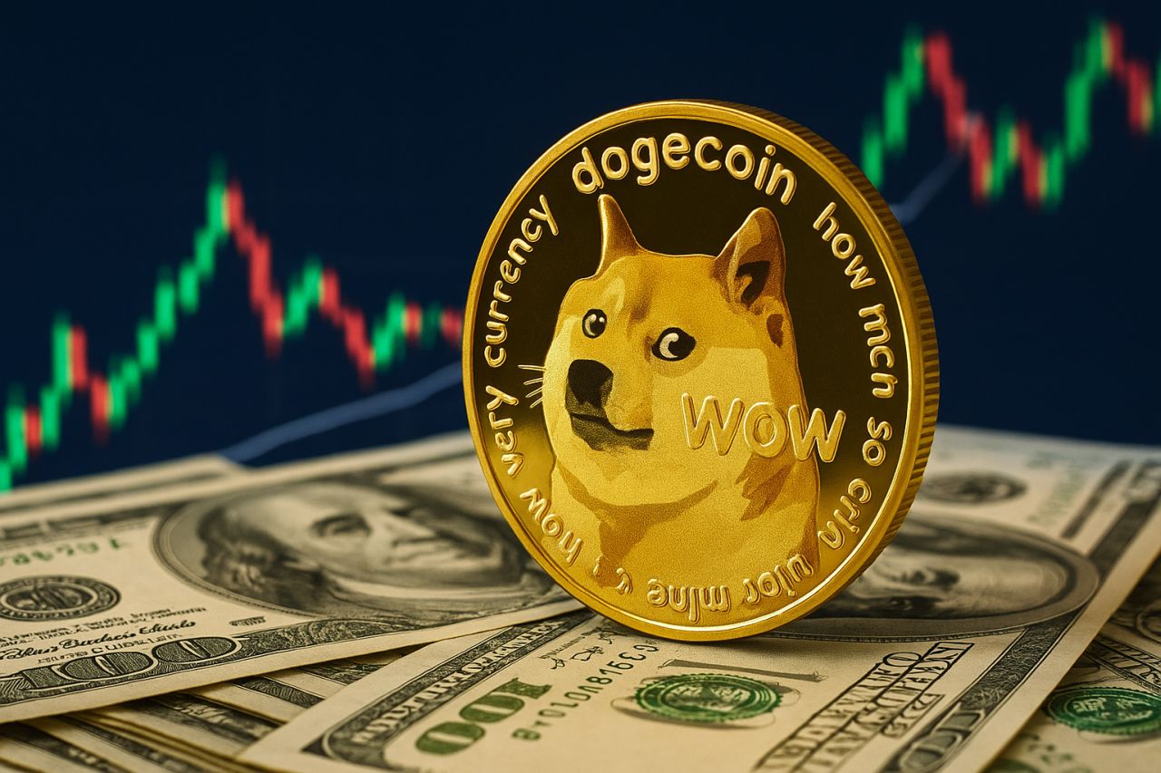 Una moneta con il simbolo di DOGE su alcune banconote e dei grafici sullo sfondo