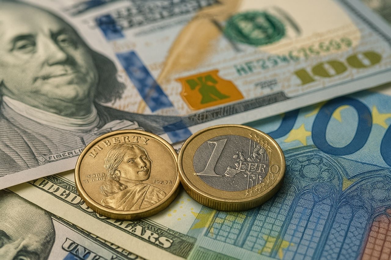 Due monete di diversa valuta con alcune banconote sullo sfondo
