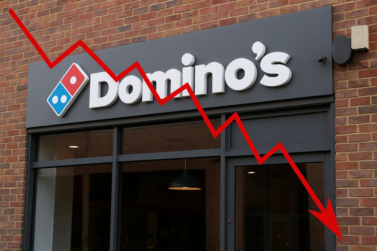 Insegna Domino's sull'entrata di un esercizio commerciale. In sovrimpressione una freccia rossa verso il basso