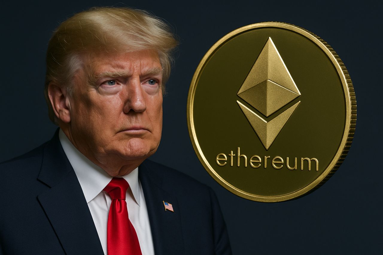 Primo piano di Donald Trump con una moneta con il logo di Ethereum accanto
