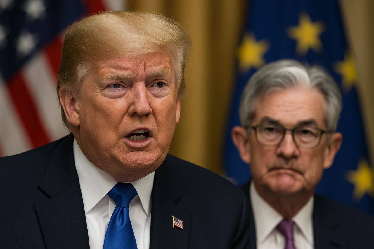 Primo piano del presidente Donald Trump con il presidente della Fed in secondo piano